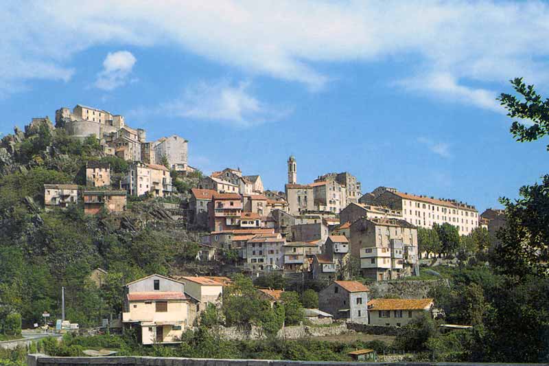 Vue
                  sur la citadelle de Corte. et la vieille ville depuis
                  le vallon du Tavigano