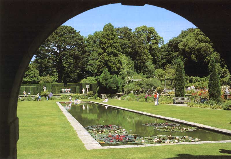 BODNANT GARDEN : bassin à nymphéas devant Pine Mill