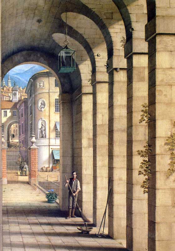 Plass Newydd : détail de la murale de la
                    salle-à-manger peinte par Rex Whistler; la figure du
                    jardinier est un autoportrait