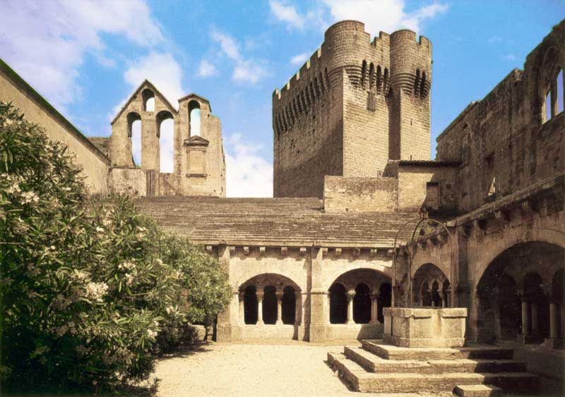 La cour du cloître dominée par la Tour de l'Abbé
                  (donjon du XIIème)