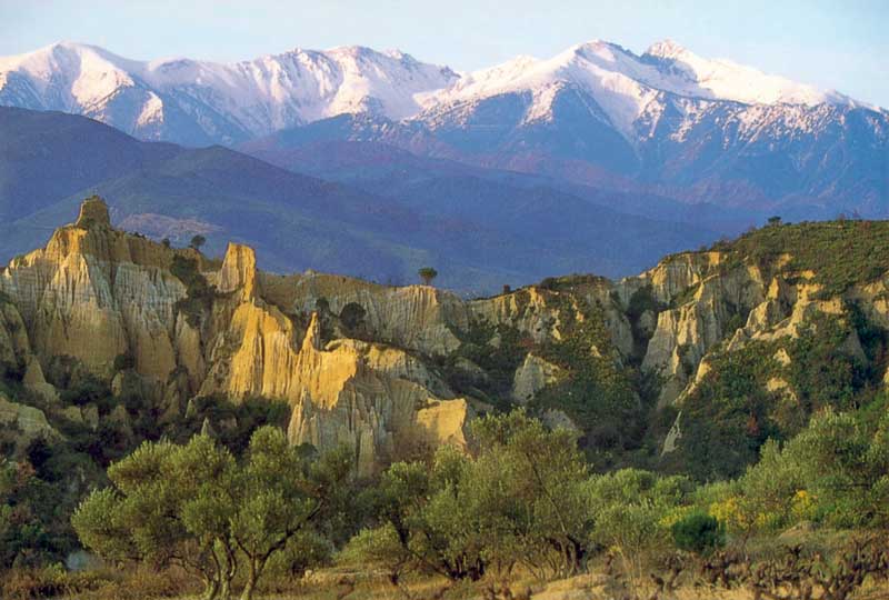 En arrivant à
          l'Ille-sur-Têt, les « orgues » et le Canigou (2785 m)