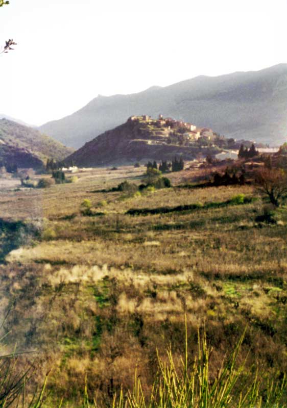 Cucugnan sur sa
                butte, au fond Quéribus