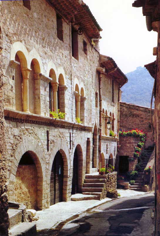Sur la rue
                  sinueuses de St-Guilhem la maison romane de la
                  Chapelle des Pénitents blancs