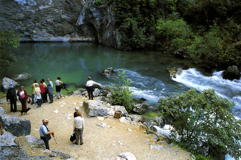 Le bassin
                de la Fontaine de Vaucluse en pleine eau alimente la
                Sorgue
