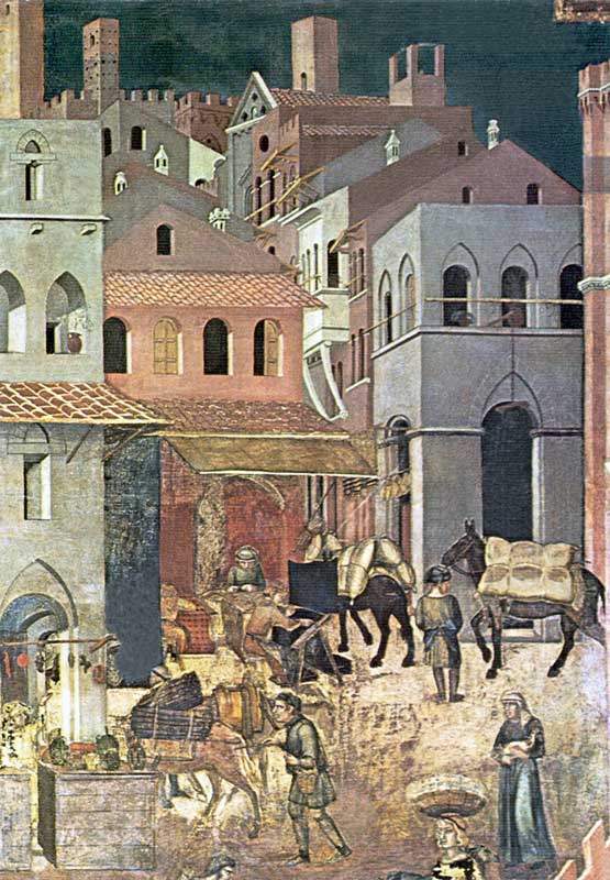 Fresque du Palazzo publico : Entrée du marché de
                  Sienna, par A. Lorenzetti