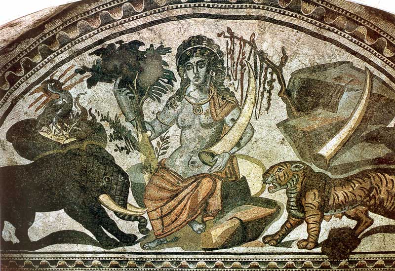 Piazza
          Armerina : mosaïque évoquant l'Afrique et ses animaux
          sauvages