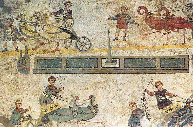 Piazza Armerina : Chambre du fils : course de chars
            dans le Grand Cirque en miniature