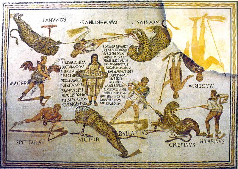 Mosaïque du Musée de Sous : Gladiateurs dans
                l'arène