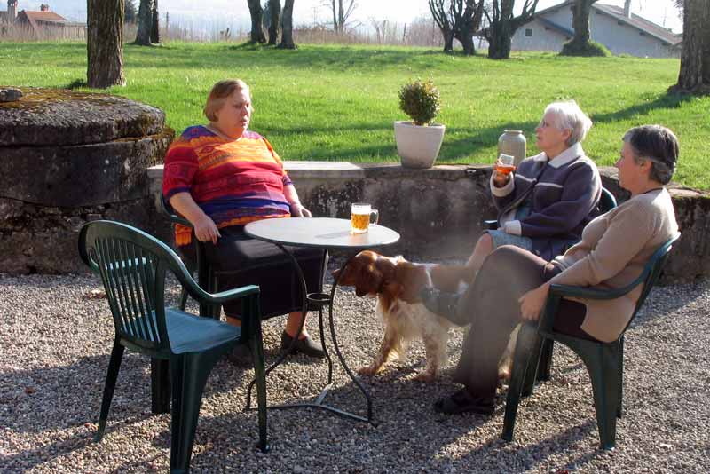Sur la terrasse de Couty Marie-France, Jehanne et
              Monique