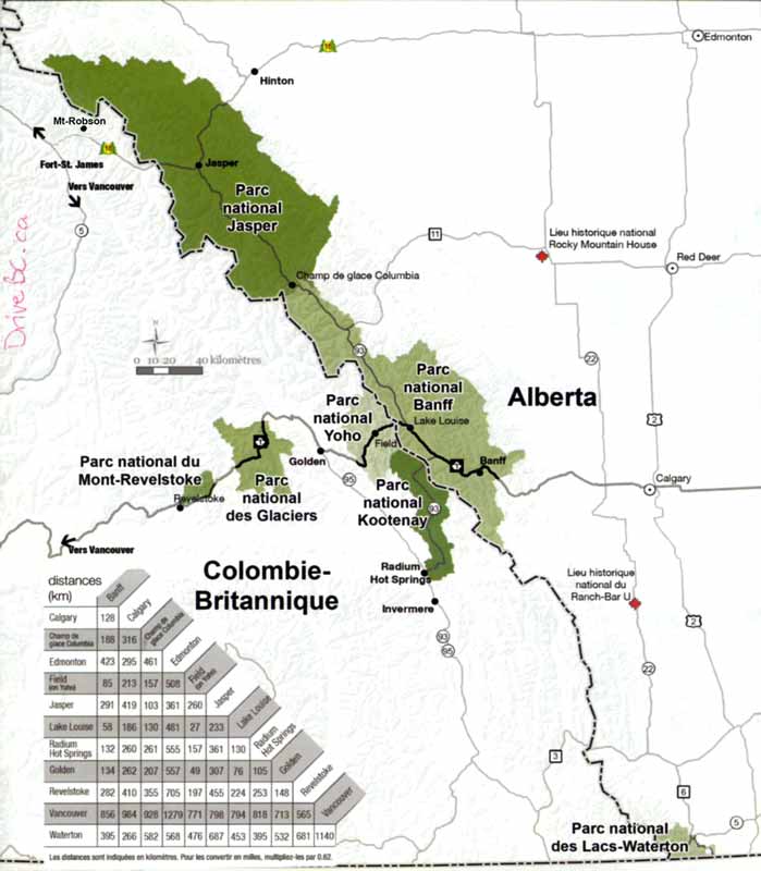 Carte des
            Parcs nationaux canadiens des Rocheuses