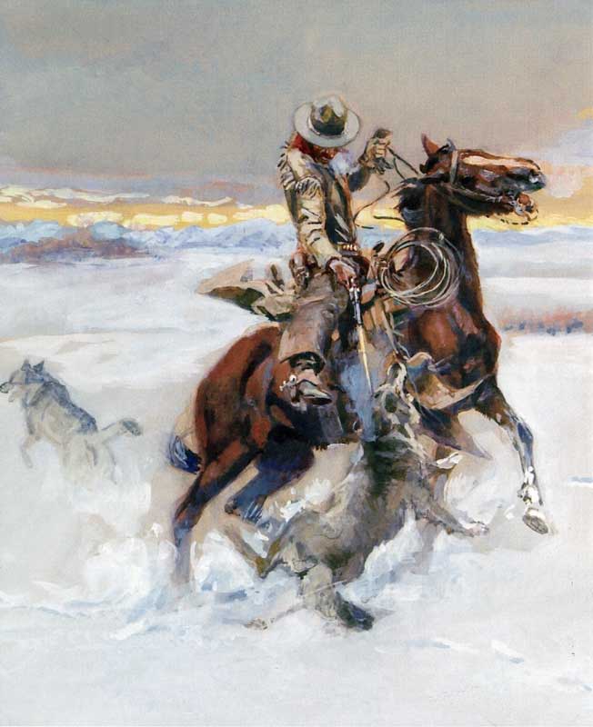 George Lane attaqué par des loups, aquarelle de
                  Ch. M. Russell