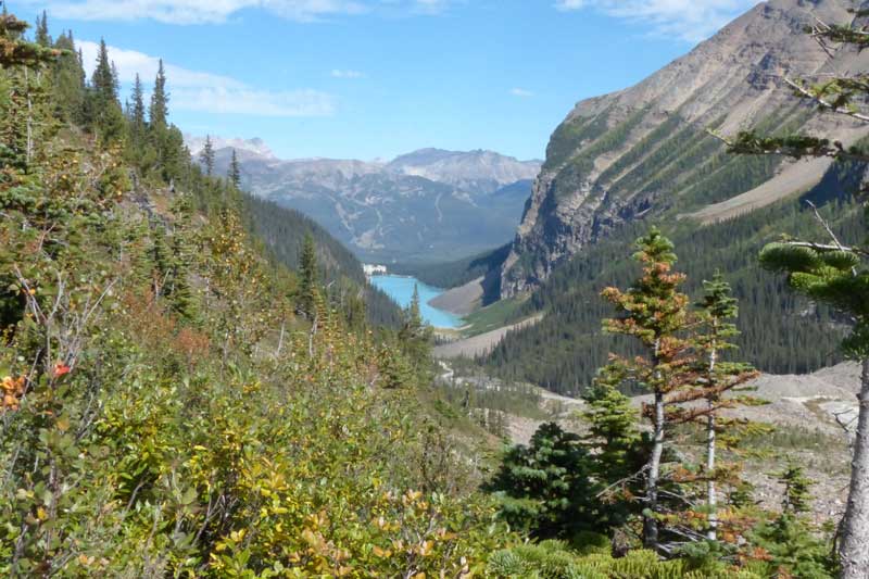 Sentier de la Plaine des Six Glaciers : descente vers
            le lac