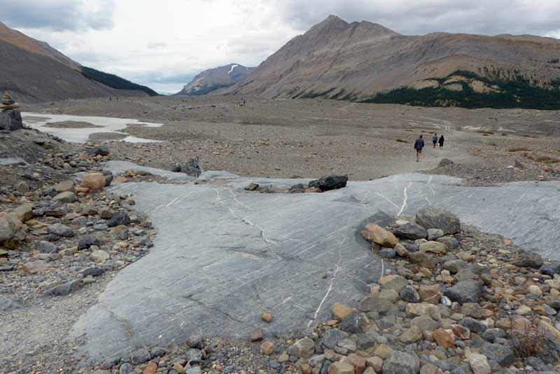 Columbia Icefield : la roche mère rabotee par le
            glacier Athabasca